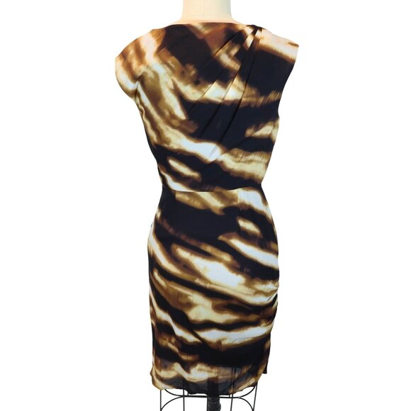ANN TAYLOR Abstract Print Ruched 100% Silk Sheath Dress Size 0 Brown Black - Picture 3 of 10